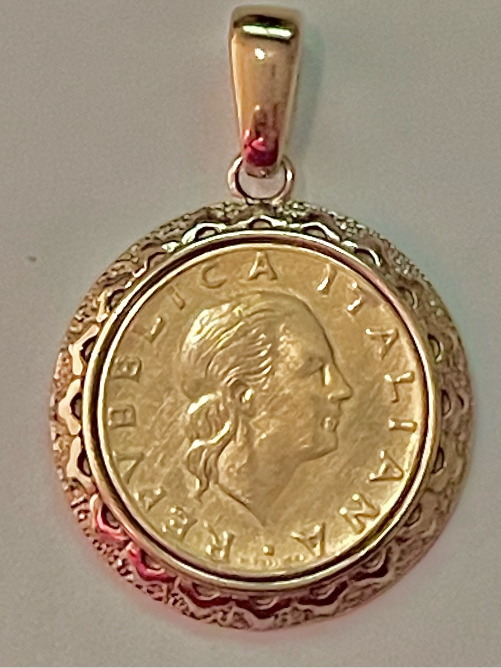 Genuine Italian Lira Coin Pendant with Enhancer Bail Signed